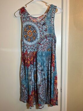 Boho Sleeveless Blue Medallion Print Midi Dress with pockets